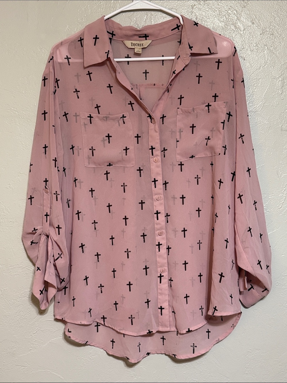 Decree Blush Pink Cross-Print Sheer Button Shirt